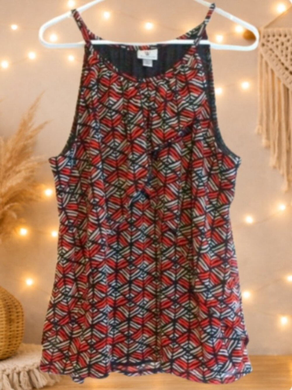 Worthington Red Black Geometric Tiered Sleeveless Top XL Workwear Chic Career